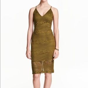 H&M Chartreuse-Olive Green Sleeveless Deep V-Neck Crochet Lace Midi Dress - 6